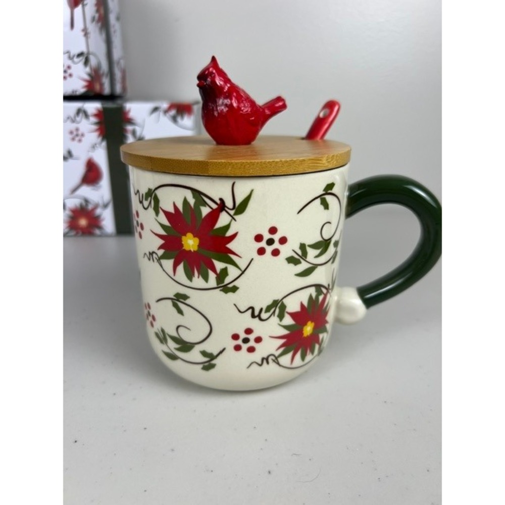 Temp-tations Christmas Cardinal Poinsettia 18oz Mug with Bamboo Lid and Spoon